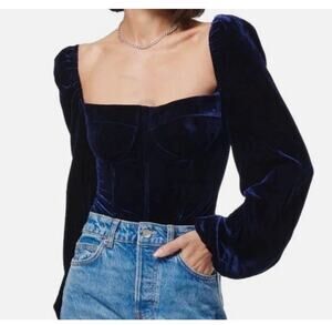 NWT Revolve Cami NYC Women's Blue Annel Corset Velvet Sleeve Bodysuit Size 0
